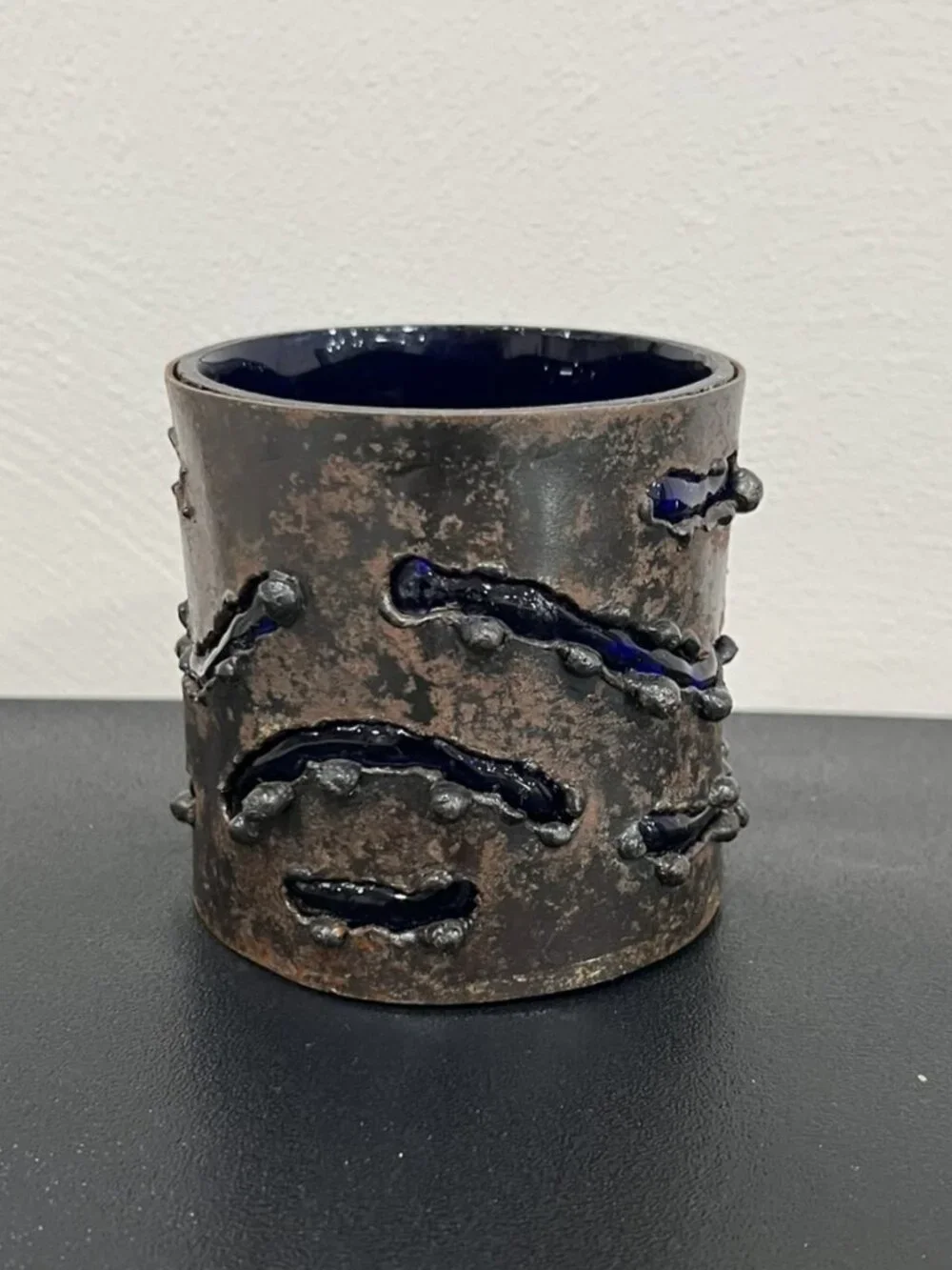 Vintage 90'S Pier 1 Brutalist Metal & Cobalt Blue Glass Candle Holder